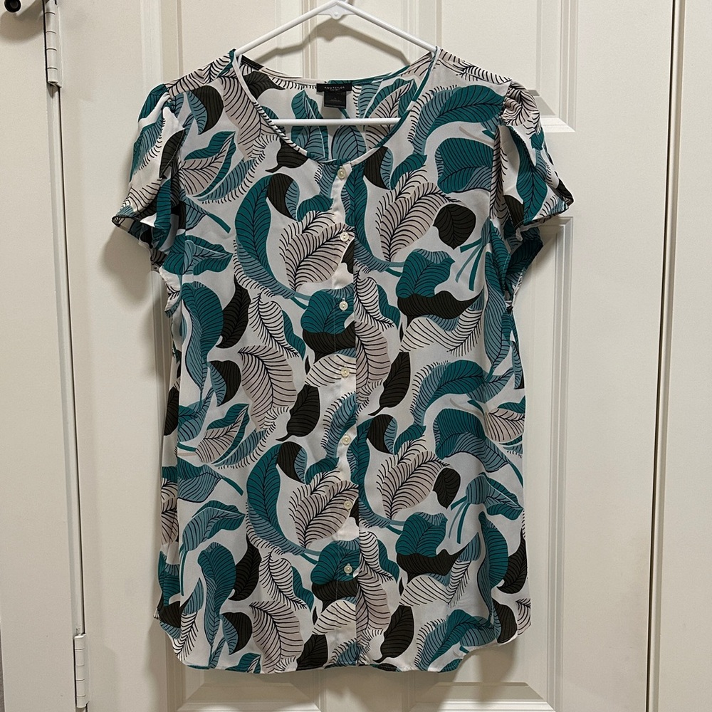Ann Taylor Factory Teal, White, Brown, and Beige Leaf Pattern Blouse